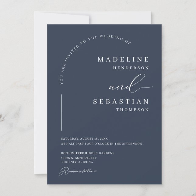 Navy Blue Classic Modern Arch Photo Wedding Invitation (Front)