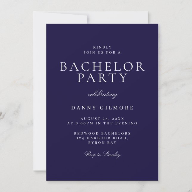 Navy Blue Classic Modern Bachelor Party Invitation (Front)