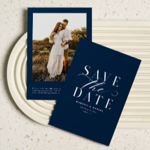 Navy Blue Classic Photo Save The Date QR Codes