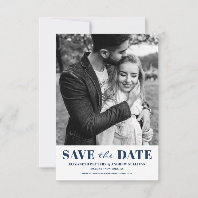 Navy Blue Classic Typography Photo Save The Date (Front)