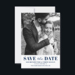 Navy Blue Classic Typography Photo Save The Date<br><div class="desc">Navy Blue Classic Typography Photo Save the Date Announcement. Customisable save the date announcement featuring blue classic typography and stripes back pattern. Personalised by adding your own photo and details. Other colours are available.</div>