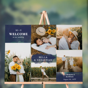 Navy Blue Clean Modern & 5 Photos Welcome Acrylic Sign