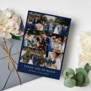 Navy Blue Clean Wedding Photo Collage Thank You Card