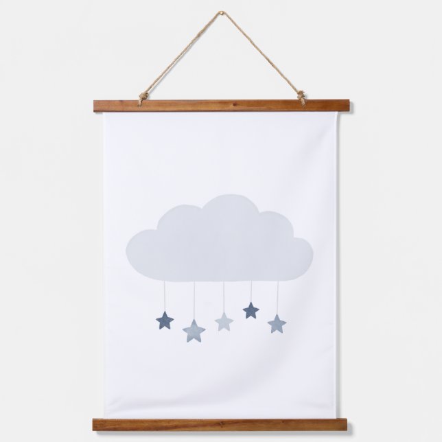 Navy Blue Cloud and Stars Boy Nursery Hanging Tapestry (Front)