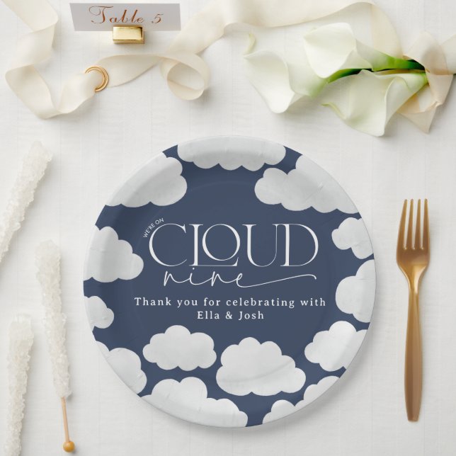 Navy Blue cloud nine shower modern stylish Paper Plate (Wedding)