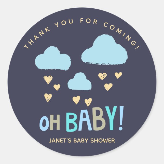 Navy Blue Clouds Oh Baby Boy Baby Shower Classic Round Sticker (Front)