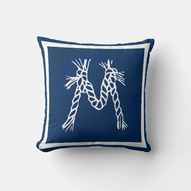Navy blue coastal beach rope monogram throw pillow (Front)