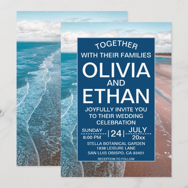 navy blue coastal beach Wedding Invitation (Front/Back)