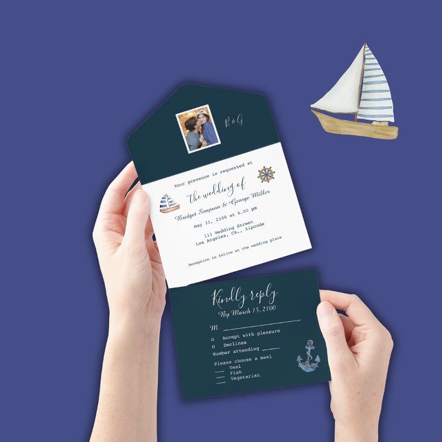 navy blue coastal nautic couple photo monogram all in one invitation (Creator Uploaded)