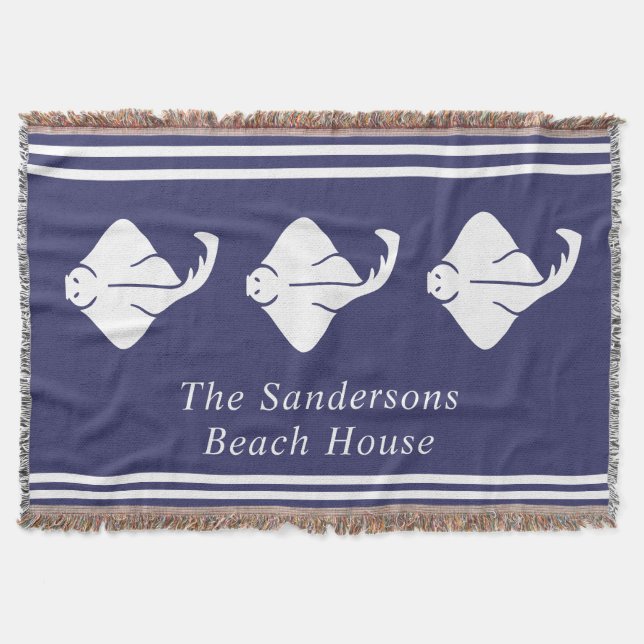 Navy Blue Coastal Nautical Stingray Manta Ray Door Throw Blanket (Front)