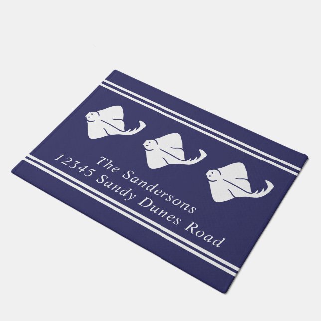 Navy Blue Coastal Nautical Stingray Manta Ray Doormat (Angled)