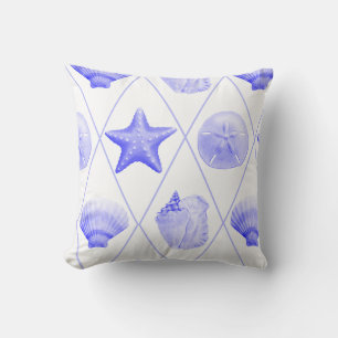 Navy Blue Coastal Seashells Starfish Cushion