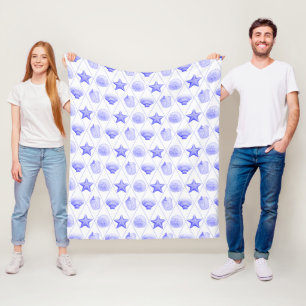 Navy Blue Coastal Seashells Starfish Fleece Blanket