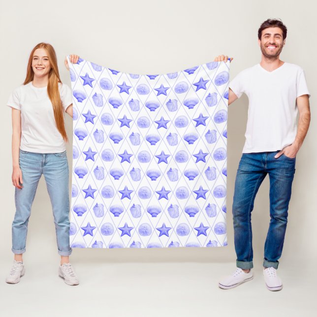 Navy Blue Coastal Seashells Starfish Fleece Blanket (In Situ)