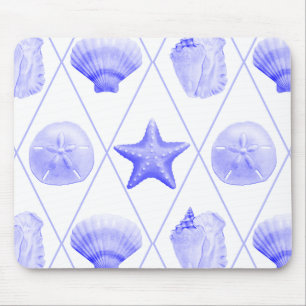 Navy Blue Coastal Seashells Starfish Mouse Pad