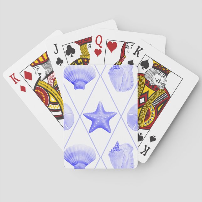 Navy Blue Coastal Seashells Starfish Playing Cards (Back)