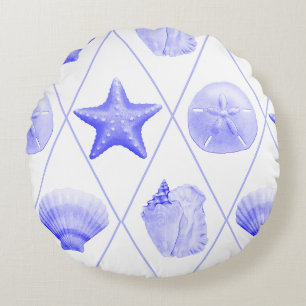Navy Blue Coastal Seashells Starfish Round Cushion