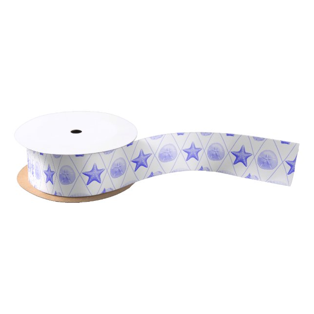 Navy Blue Coastal Seashells Starfish Satin Ribbon (Spool)