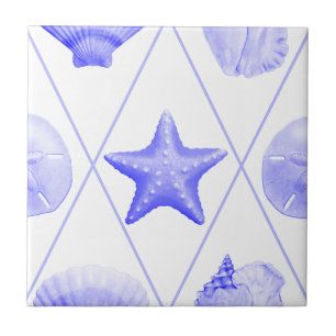 Navy Blue Coastal Seashells Starfish Tile