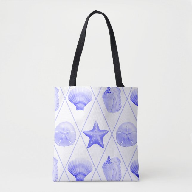 Navy Blue Coastal Seashells Starfish Tote Bag (Front)