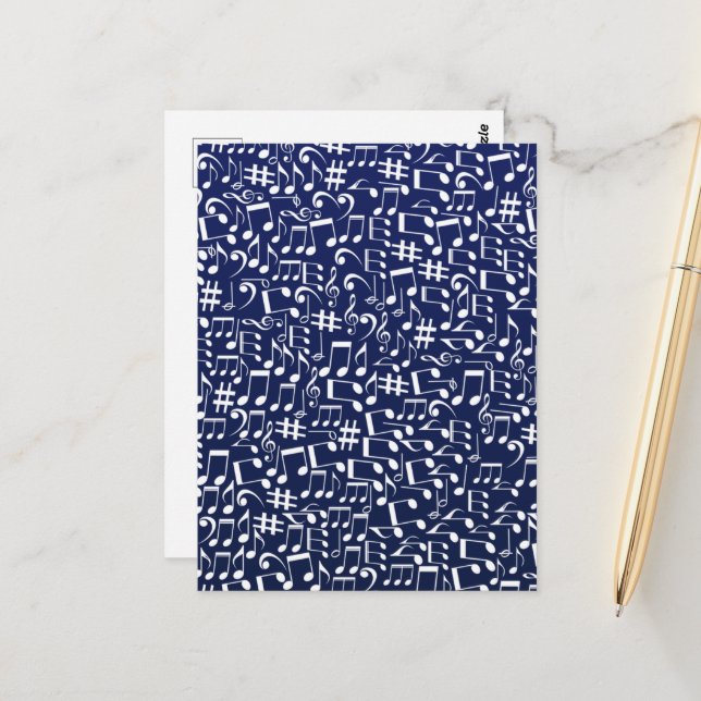 Navy Blue Cobalt Blue White Dancing Music Notes Postcard (Front/Back In Situ)