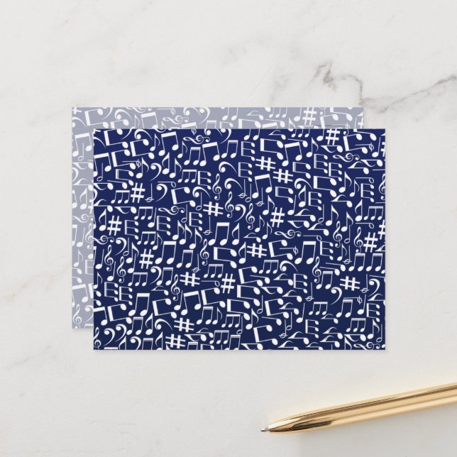 Navy Blue Cobalt Blue White Dancing Music Notes Postcard (Front/Back In Situ)