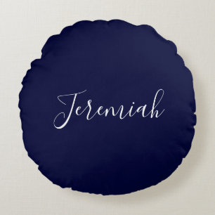 Navy Blue Color Plain Modern Own Name Calligraphy Round Cushion