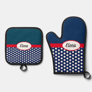 Navy Blue Colour Block and Polka Dots Recipes Oven Mitt & Pot Holder Set