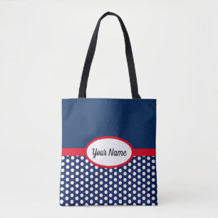 Navy Blue Colour Block and Polka Dots Tote Bag