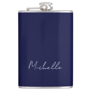 Navy Blue Colour Plain Modern Own Name Calligraphy Hip Flask