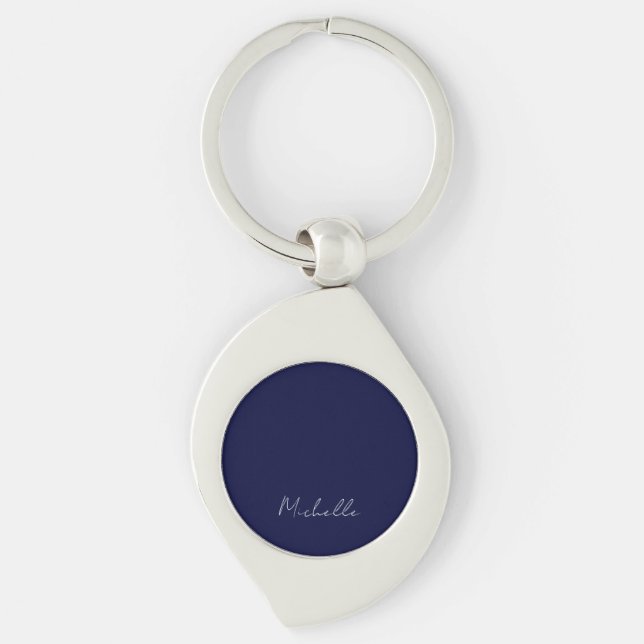 Navy Blue Colour Plain Modern Own Name Calligraphy Key Ring (Front)