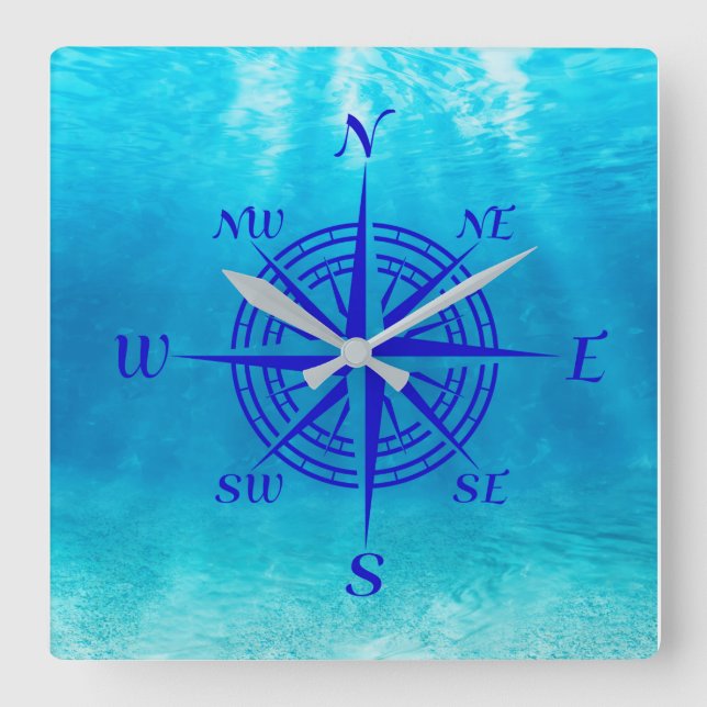 Navy Blue Compass Rose Square Wall Clock (Front)