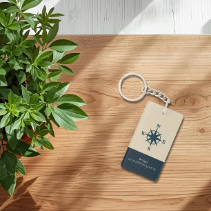 navy blue compass with Name and Coordinates Key Ring