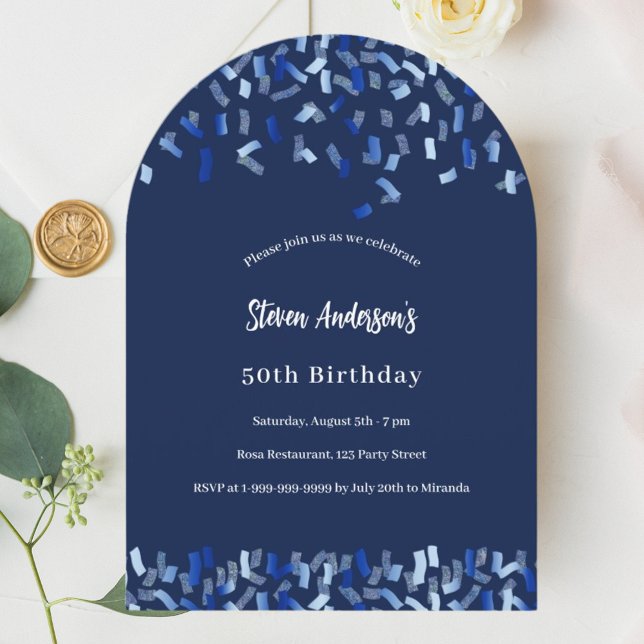 Navy blue confetti arch birthday invitation (Creator Uploaded)