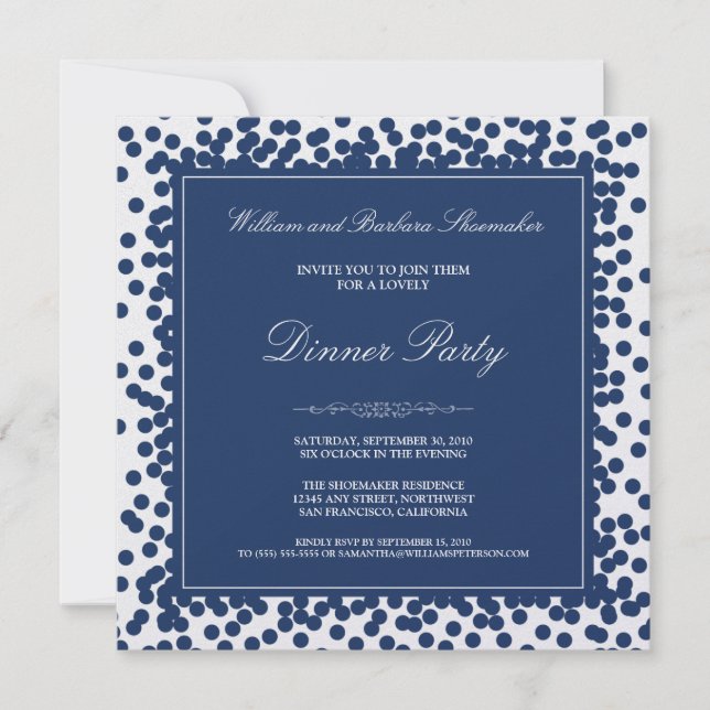 Navy Blue Confetti Dinner Party Invitation (Front)