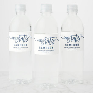 Navy Blue Congrats Modern Calligraphy Graduation Water Bottle Label