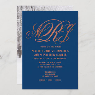 Navy Blue Copper Elegant Monogram Script Wedding Invitation
