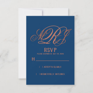 Navy Blue Copper Elegant Monogram Wedding RSVP