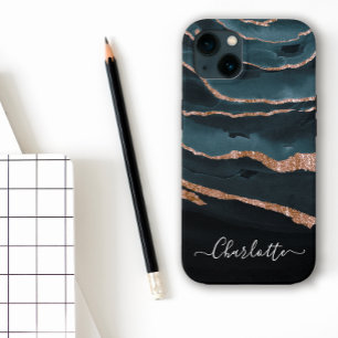 Navy Blue & Copper Elegant Script Abstract Name iPhone 13 Case