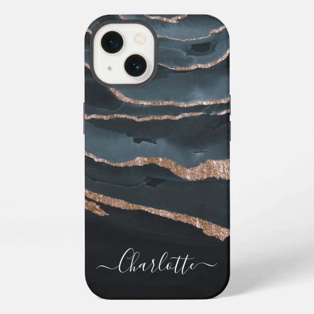 Navy Blue & Copper Elegant Script Abstract Name iPhone Case (Back)