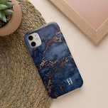 Navy Blue & Copper Marble Monogram iPhone 13 Case<br><div class="desc">Chic phone case features a rich navy blue marble background pattern with faux copper foil veining. Personalise with your single initial monogram in classic lettering.</div>