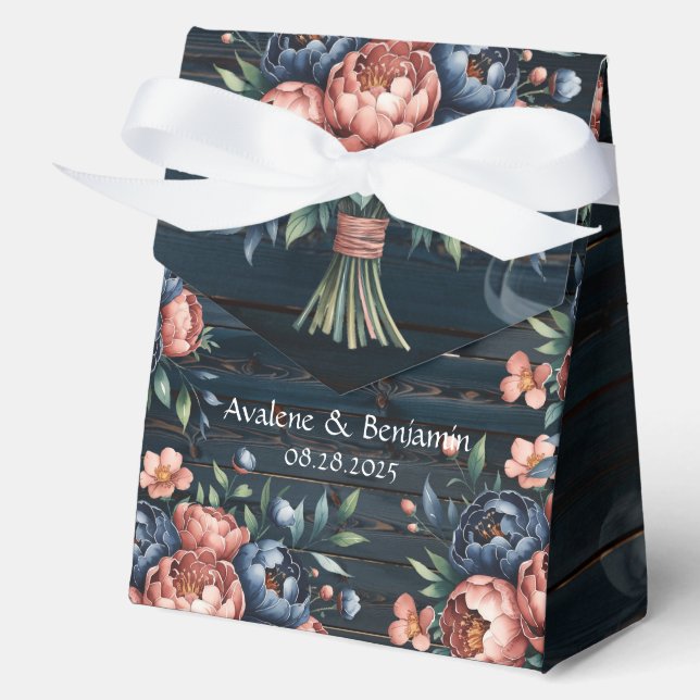 Navy Blue & Copper Peony Wood Wedding Favour Box (Front)