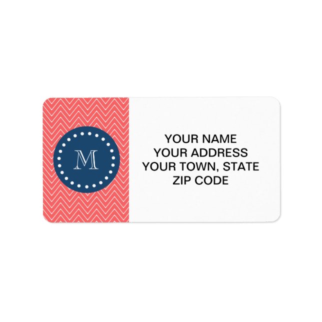 Navy Blue, Coral Chevron Pattern | Your Monogram Label (Front)