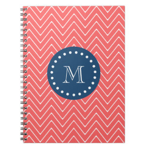 Navy Blue, Coral Chevron Pattern Your Monogram Spiral Notebook