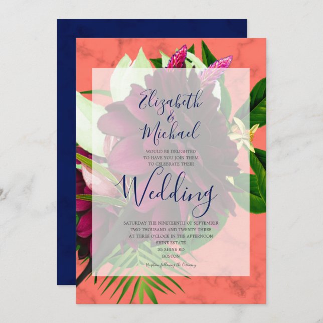 Navy Blue Coral Floral Elegant Modern Wedding Invitation (Front/Back)