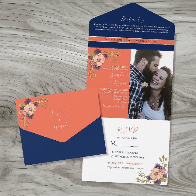 Navy Blue Coral Floral Photo Wedding All In One Invitation (Creator Uploaded)