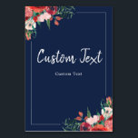 Navy Blue Coral Floral Reserved Wedding Sign Table Table Number<br><div class="desc">Vintage Modern Coral Navy Blue Watercolor Floral Sign
The design features hand painted watercolor vintage red florals on a dark navy blue background.</div>
