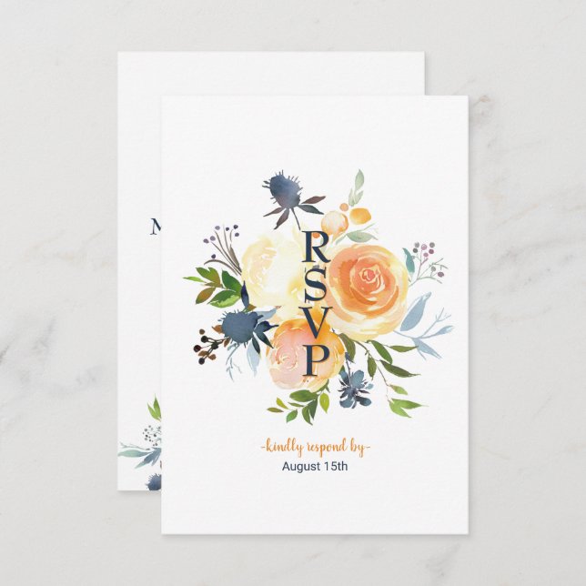 Navy Blue Coral Floral Wedding RSVP Card (Front/Back)