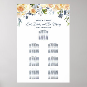 Navy Blue Coral Floral Wedding Seating Chart