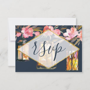 Navy Blue Coral Lanterns Floral RSVP Card